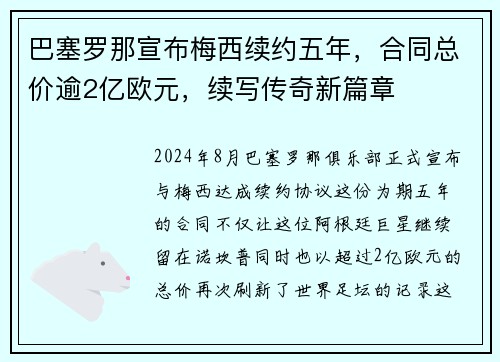 巴塞罗那宣布梅西续约五年，合同总价逾2亿欧元，续写传奇新篇章